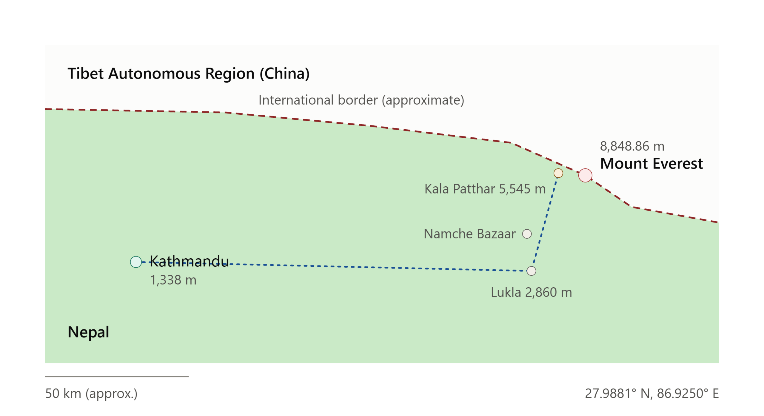 Map showing where Mount Everest is located on the Nepal–Tibet border