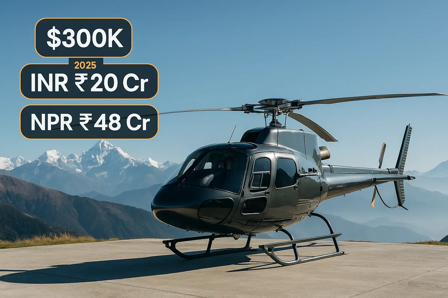 Private helicopter in the Himalayas showing 2025 helicopter price and models in Nepal and India